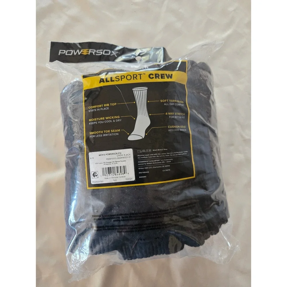 Powersox Mens Allsport Crew Socks 12 Pair Black Moisture Wicking Size 6-12 NEW